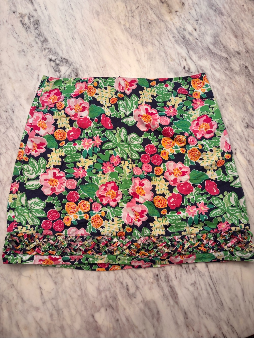 Lilly Pulitzer mini skirt lattice trim floral size 4 green pink navy orange